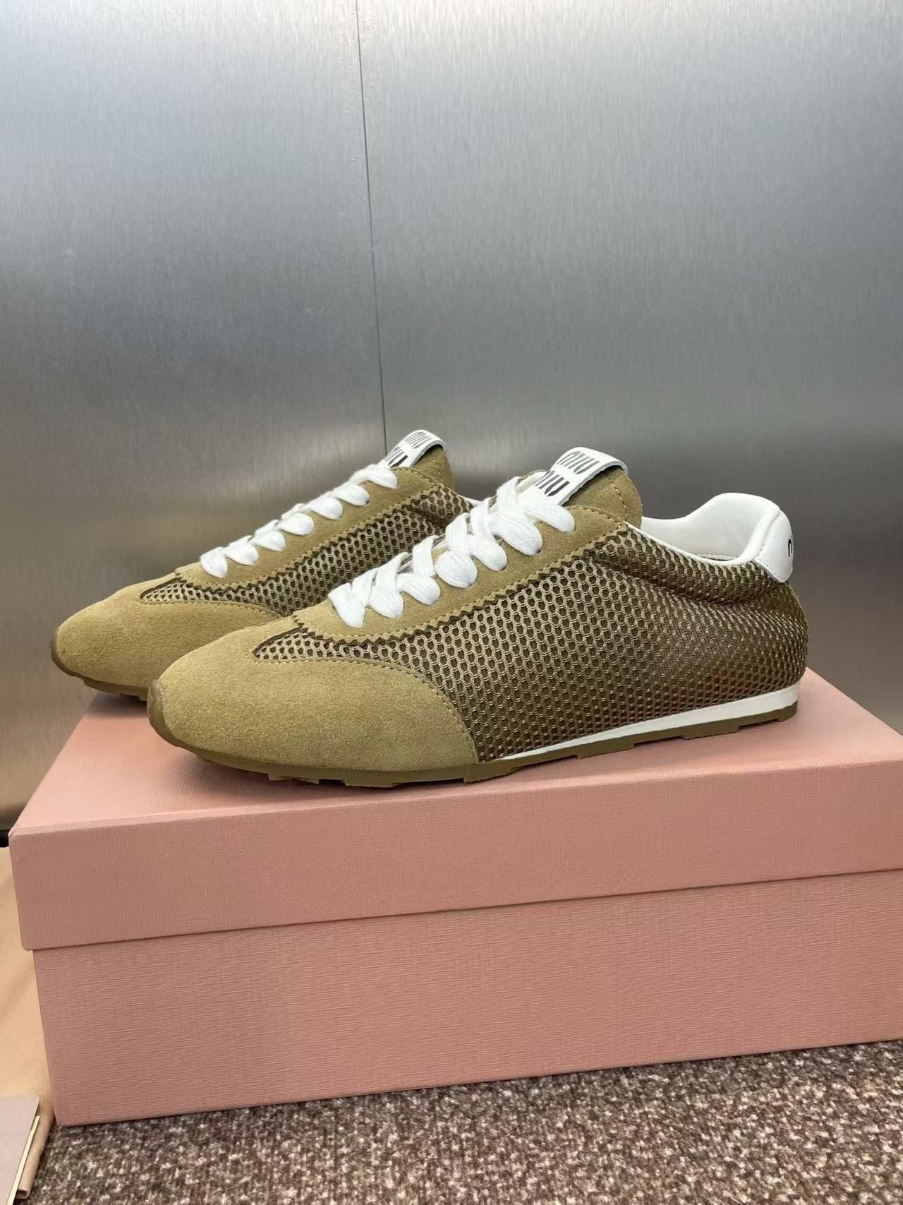 UA Miu Miu Plume mesh and suede sneakers