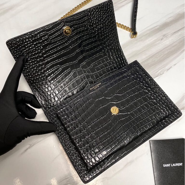 SUNSET MEDIUM CHAIN BAG IN CROCODILE-EMBOSSED SHINY LEATHER